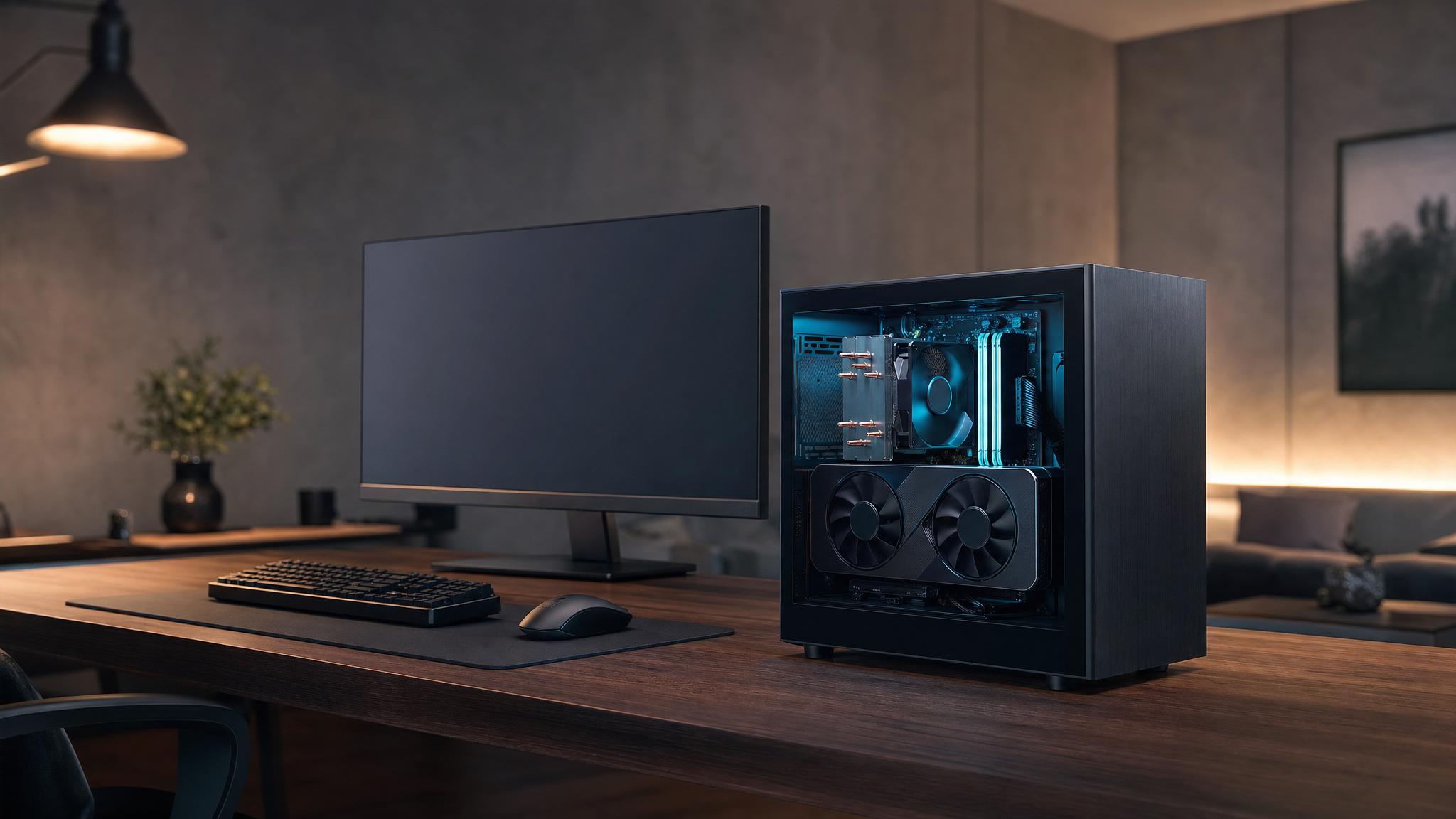 デスク上に置かれた小型ゲーミングPC — 内部にグラフィックボードが見えるコンパクトな本格派