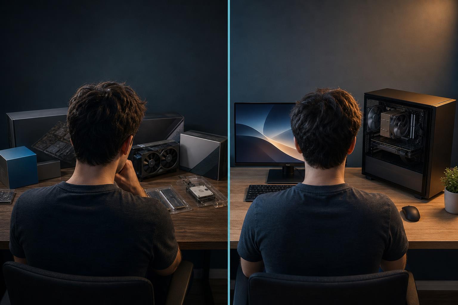 自作PCで悩むユーザーと、完成したBTO PCで安心してゲームを始めるユーザーの対比
