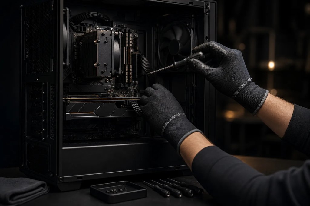 熟練スタッフがゲーミングPCを組み上げている作業風景