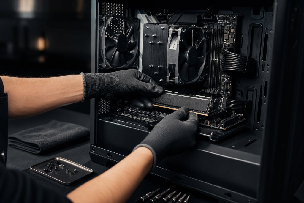 熟練スタッフが PC 内部のパーツを取り付けている作業風景