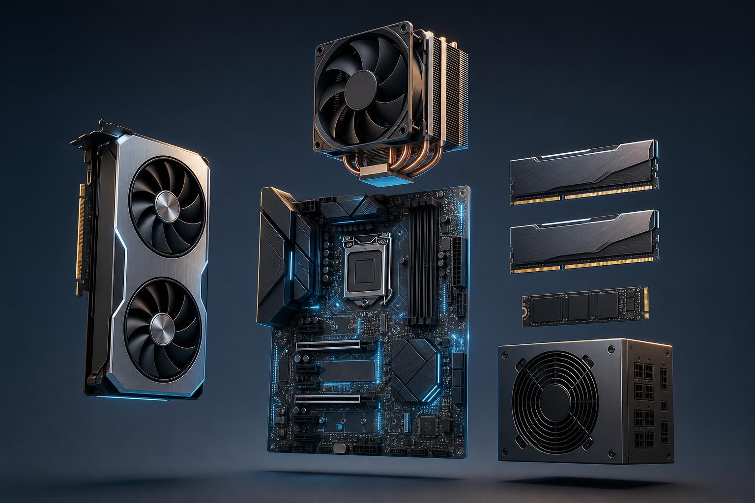ゲーミングPC の主要パーツを分解図風に並べたビジュアル